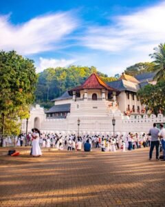 View of the Temple of the Tooth Relic in Kandy, known as the cultural heart of Sri Lanka.
