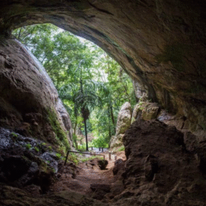 A photograph of the entrance to Ravana's Cave in Ella, Sri Lanka, showing a narrow, rocky path leading into the dark opening.