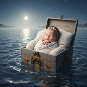 A tranquil image showing a newborn baby girl sleeping peacefully inside an ornate wooden box adorned with royal emblems, floating on a calm, moonlit sea.